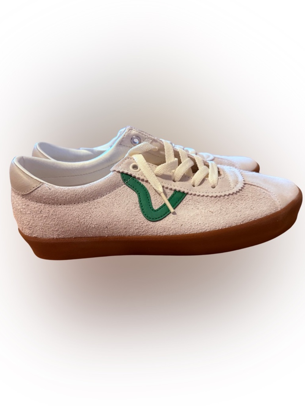 Vans White Suede Sneakers with Green Stripe and Gum Sole